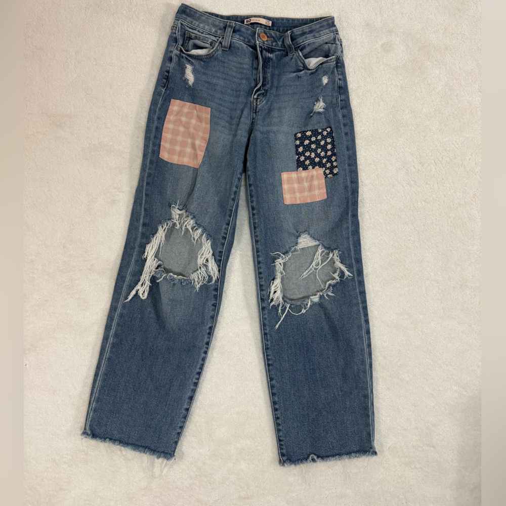 SO JEANS patchwork distressed high rise straight leg Juniors Sz 7/28W Boho